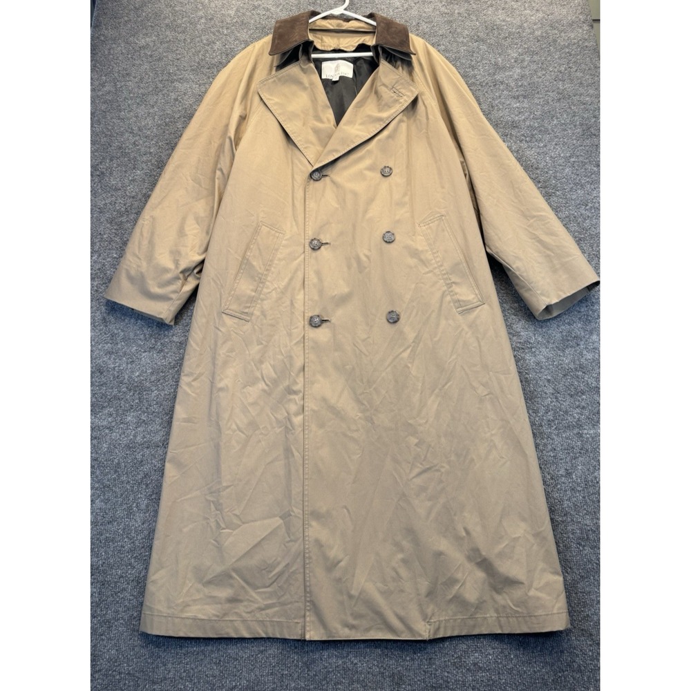 London Fog Men's 40R Trench Coat Tan Double Breasted Leather Collar Belted